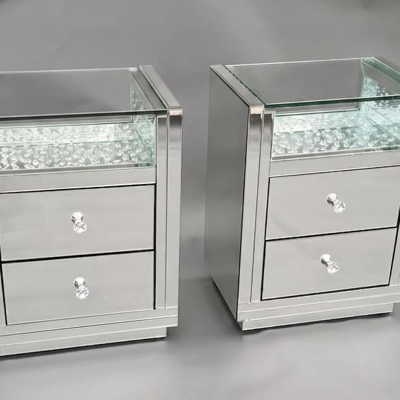 Acme Nysa Mirrored Nightstands (Pair) Modern Glam collection. Signature faux-crystal inlay and mirrored finish