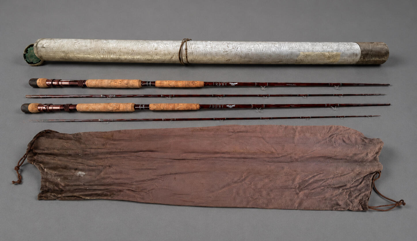 A complete vintage 1971 Fenwick Feralite FF9012 fly fishing rod set arranged horizontally on a seamless white background. The set includes two matching deep cherry-brown 9-foot fiberglass fly rods with cork handles and anodized reel seats, a vintage brown